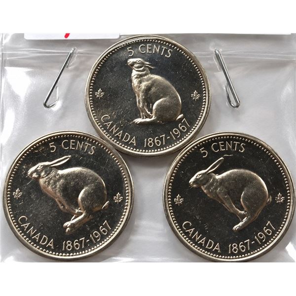 3 - 1867 - 1967 CH/BU CANADA NICKELS