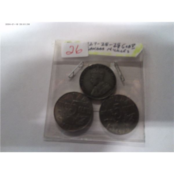 1927, 1928 & 1929 CANADA KING GEORGE V NICKELS
