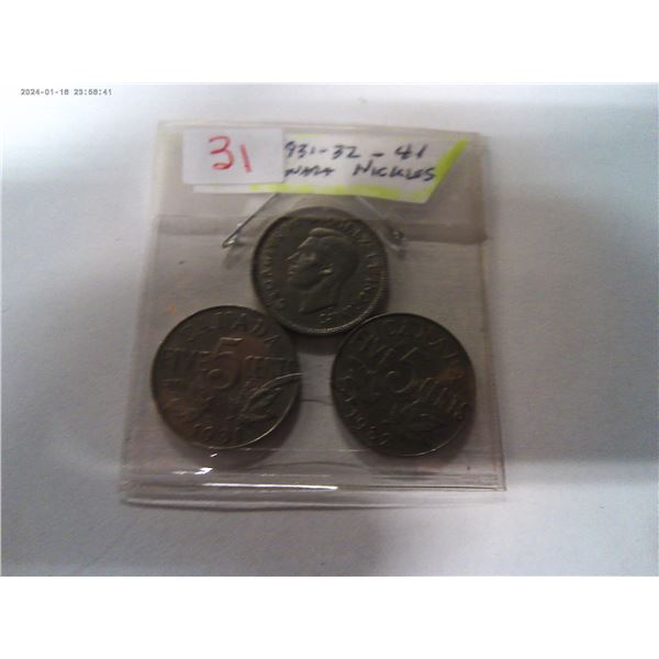 1931, 1932 & 1941 CANADA NICKELS (15 DATES) KING GEORGE NICKEL SET