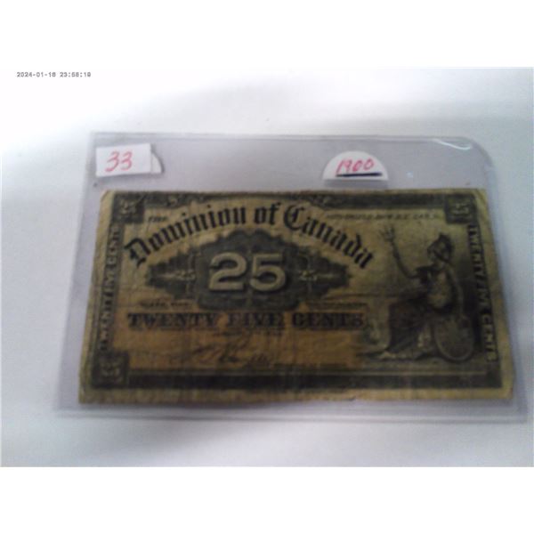 1900 DOMINION OF CANADA 25 CENT SHIN PLASTER