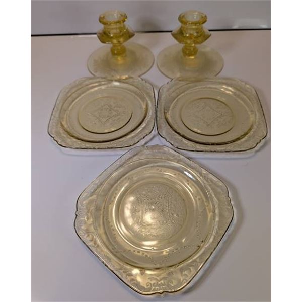3 Pieces Depression Ware-Amber; 1 Large Plate, 2 Smaller plates, 2 Candlesticks