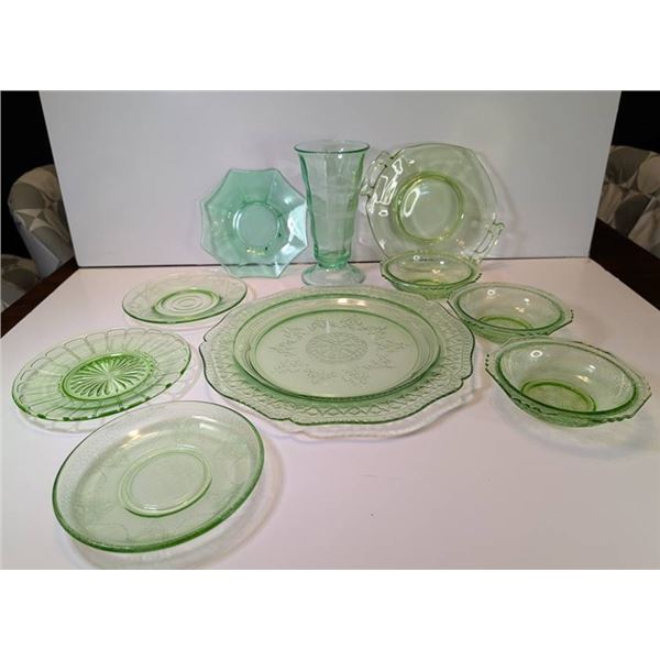 10-Piece Green Depression Glass Lot Including Vase, Plates, and Bowls
