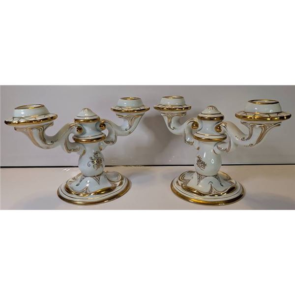 Spanish Porcelain Double Candleholders with Gold Accents