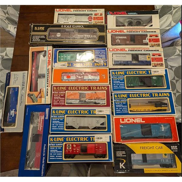 O Gauge Train Cars; 9 Lionel Cars, 9 K-Line Cars, 1 Busch Car; 1 Labbats Car