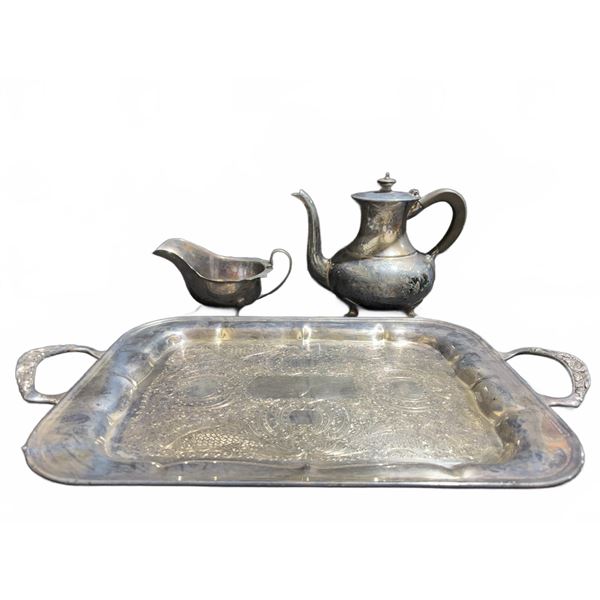WM Mounts Silver Plated Tea Set with Tray, Teapot, and Creamer