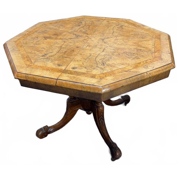 Octagonal Burled Wood Pedestal Table with Carved Base