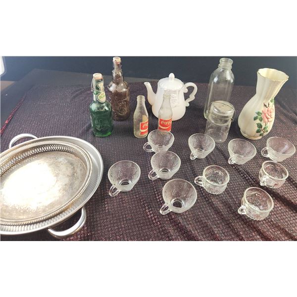 Glassware, Bottles, Teapot, Metal Trays, and Vase Lot