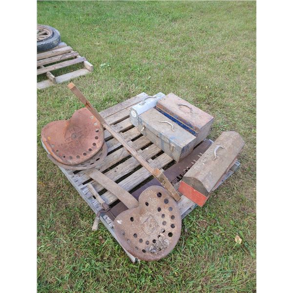 Tractor Seats,2 Antique Saws, 4 Toolboxes of Assorted Tools