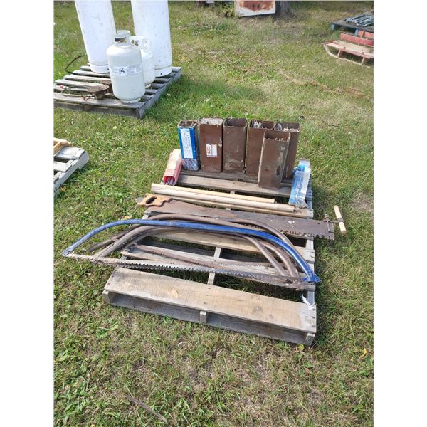 Mixed saws, sledge hammer handles and welding sticks