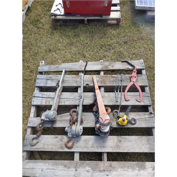 4 Comealongs and industrial tongs