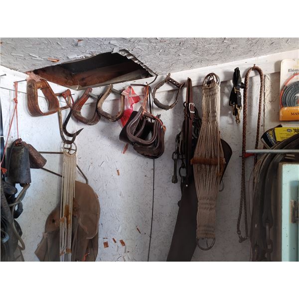 Misc. horse tack, cow bells, stirrups, & bale hooks