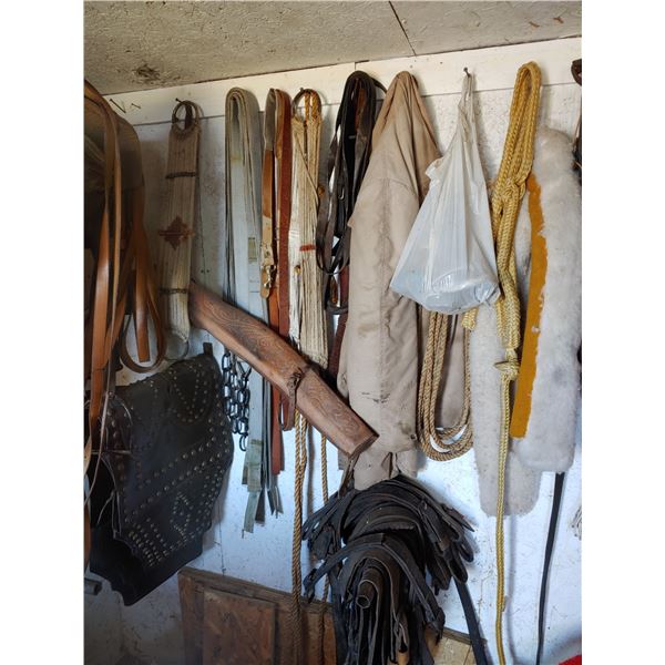 Assortment of tack, leather gun case, & saddle belts