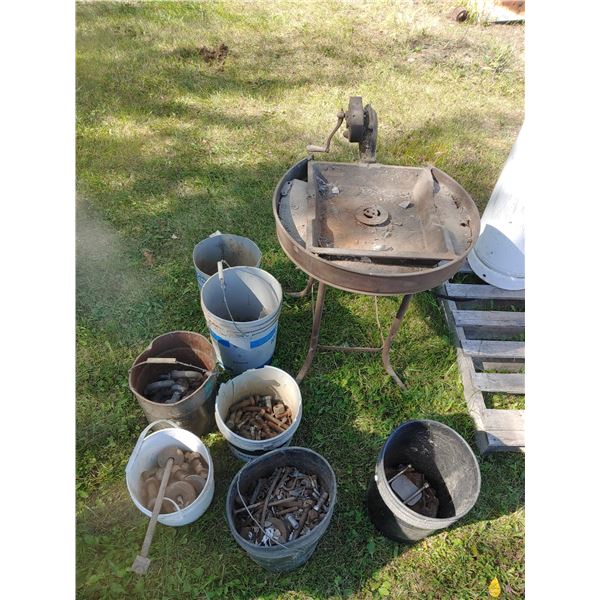 Hand-crank coal forge, & assortment of buckets with bolts & shackles