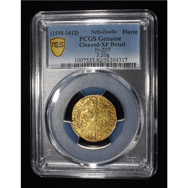 1590-1612 NETH-ZWOLLE GOLD FLORIN PCGS XF CLEANED
