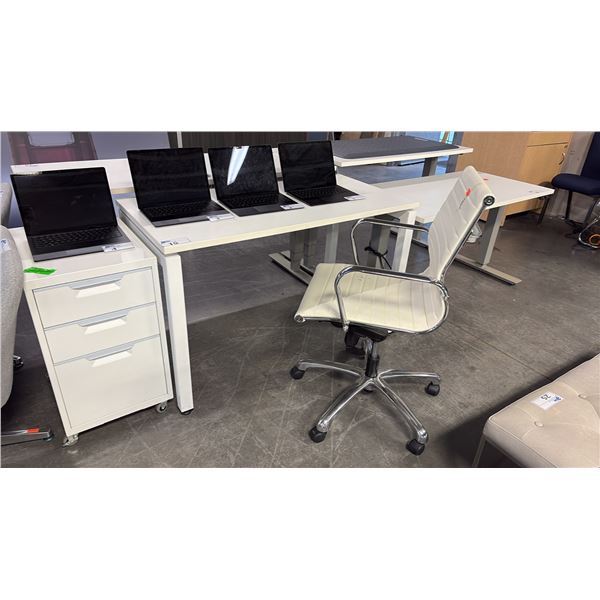 MODERN WHITE 2X4' DESK, 3-DRAWER FILE PEDESTAL, AND CONTOURED CHAIR