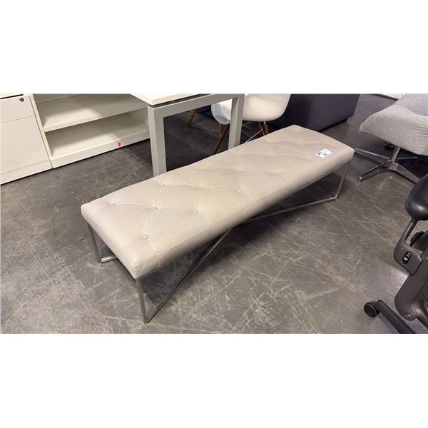 BUTTON-TUFTED BENCH TAUPE FAUX LEATHER UPHOLSTERY ANGLED GEOMETRIC STEEL BASE FRAME