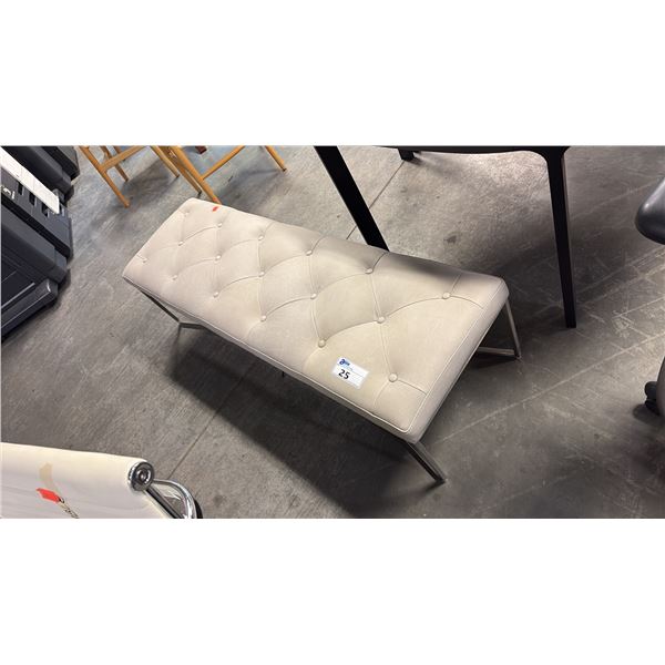 BUTTON-TUFTED BENCH TAUPE FAUX LEATHER UPHOLSTERY ANGLED GEOMETRIC STEEL BASE FRAME