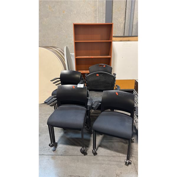 18 BLACK STACKING CHAIRS AND 5-SHELF BOOKCASE