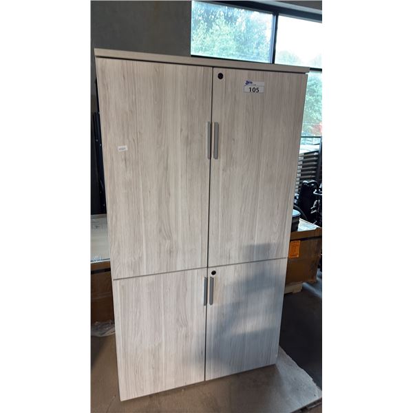 LIGHT ASH WOOD GRAIN FINISH STORAGE TOWER WITH BRUSHED METALLIC PULLS - LOCKED