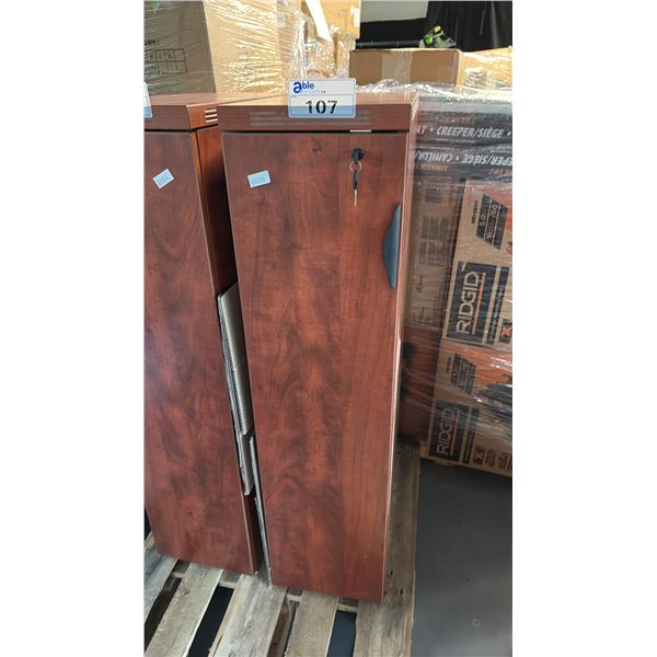 CHERRY MAHOGANY WOOD GRAIN FINISH VERTICAL CABINET WITH BLACK CURVED PULL HANDLE 48"IN HEIGHT W/ KEY