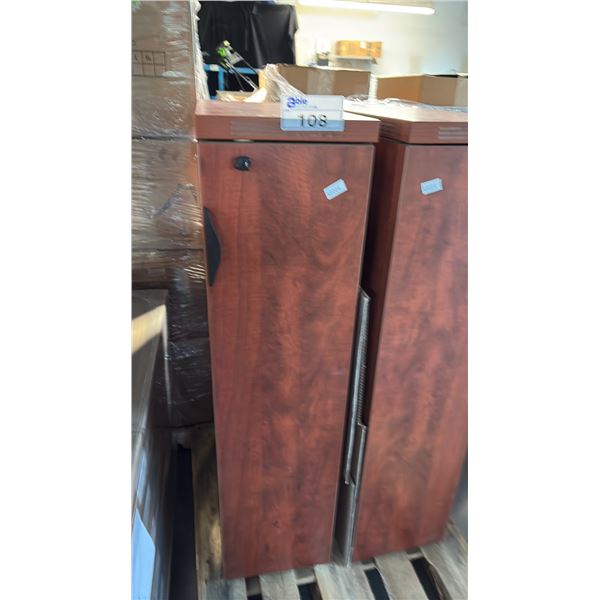 CHERRY MAHOGANY WOOD GRAIN FINISH VERTICAL CABINET WITH BLACK CURVED PULL HANDLE 48"IN HEIGHT W/ KEY