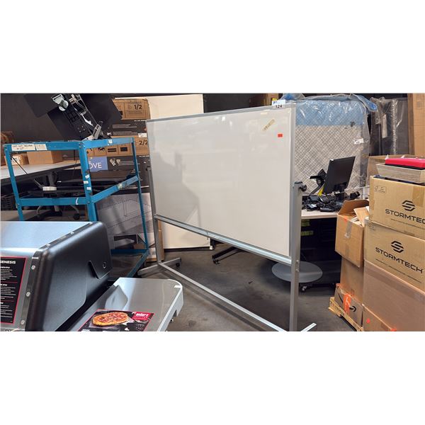 WHITE DUAL SIDED PRESENTATION BOARD WITH ALUM WHEELED FRAME BASE 76X18X72 INCHES