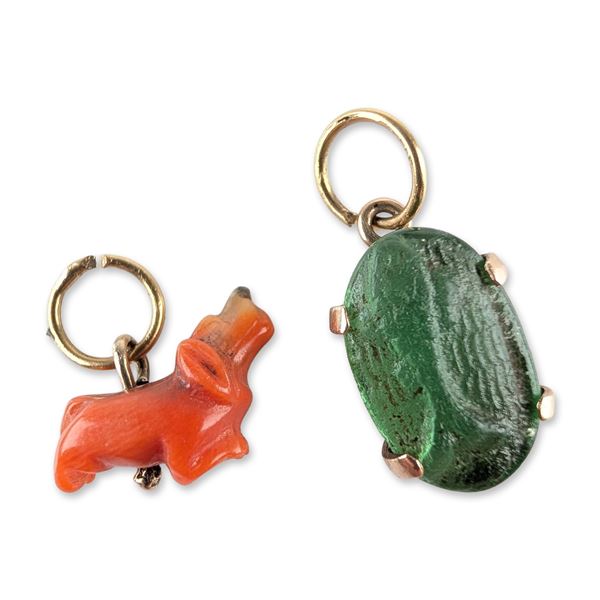Two 14K Yellow Gold, Coral and Glass Animal Pendants