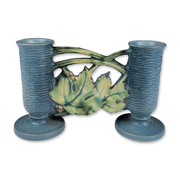 Roseville Pottery Double Bud Vase, Bushberry Blue