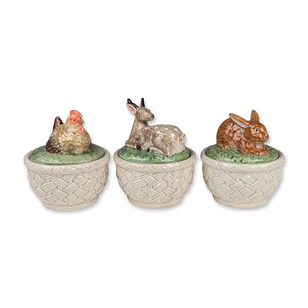 Three Fitz and Floyd Ironstone Lidded Animal Finial Jars