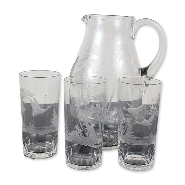 4pc Engraved Glass Hunting Motif Pitcher and Highball Set