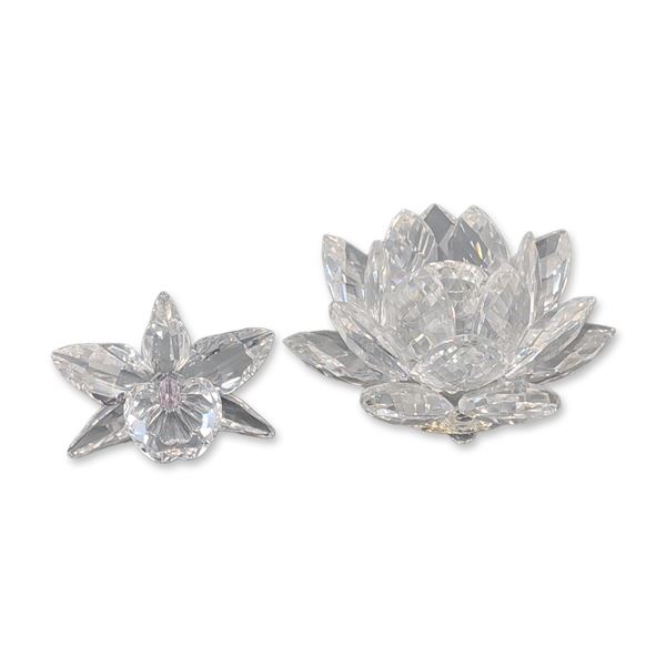 Two Swarovski Silver Crystal Waterlily Candle Holder and Orchid Figurine