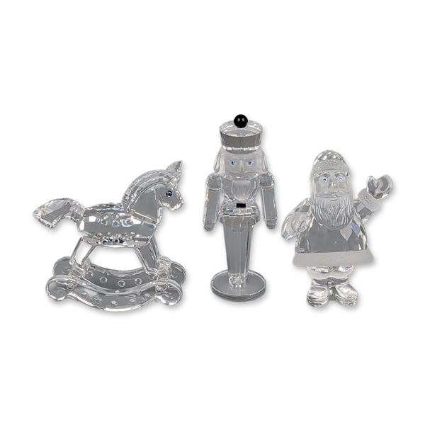Three Swarovski Silver Crystal Figurines, Rocking Horse, Santa & Nutcracker