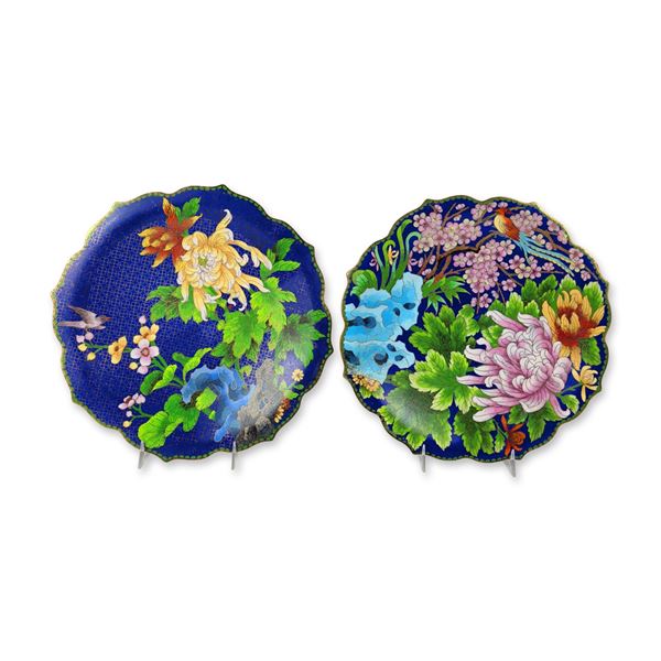 2pc Chinese Cloisonne Enamel Lobed Plates