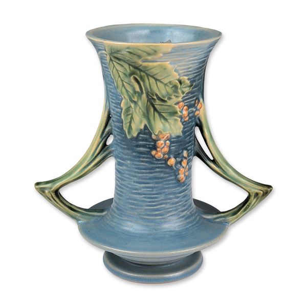 Roseville Pottery Dual Handled Vase, Bushberry Blue