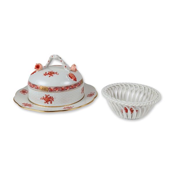 2pc Herend Chinese Bouquet Orange Porcelain Covered Dish and Basket
