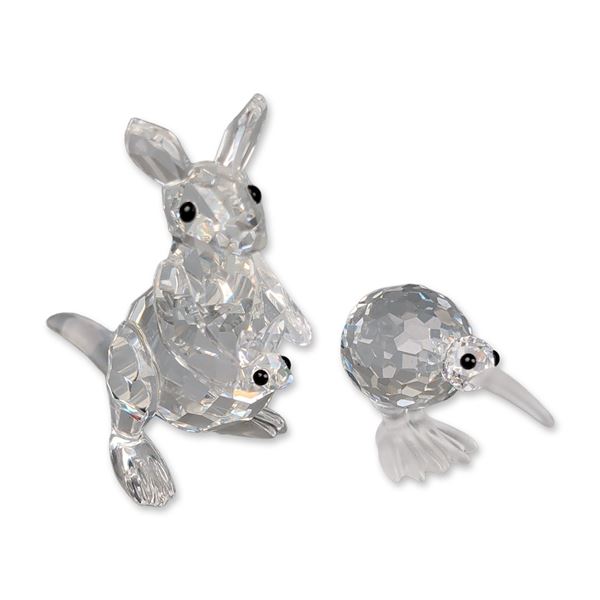 Two Swarovski Crystal Figurines, Mother Kangaroo with Joey and Kiwi