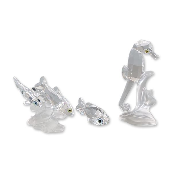 Three Swarovski Crystal South Sea Figurines, Seahorse and Fish