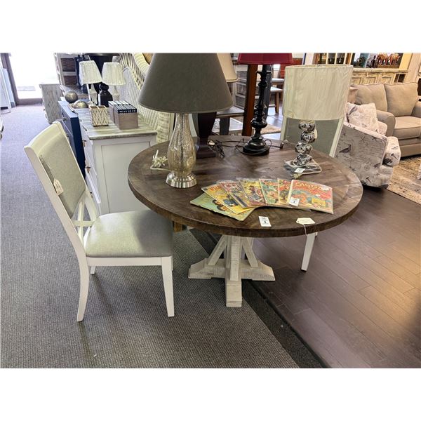 Distressed Mocha Top w/White Base Round Pedestal Dining Table w/2 Chairs