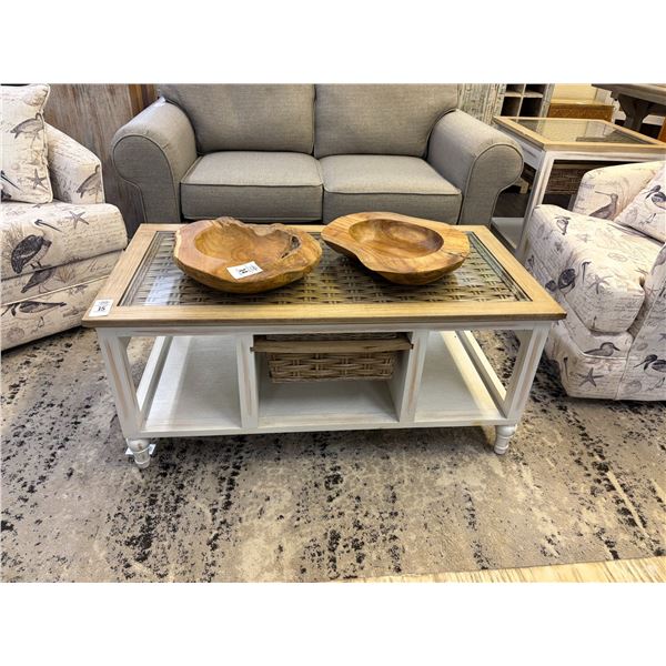White Base Oak Top w/Wicker Inlay Glass Cover Coffee Table, End Table