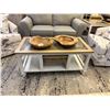 Image 1 : White Base Oak Top w/Wicker Inlay Glass Cover Coffee Table, End Table