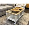 Image 2 : White Base Oak Top w/Wicker Inlay Glass Cover Coffee Table, End Table