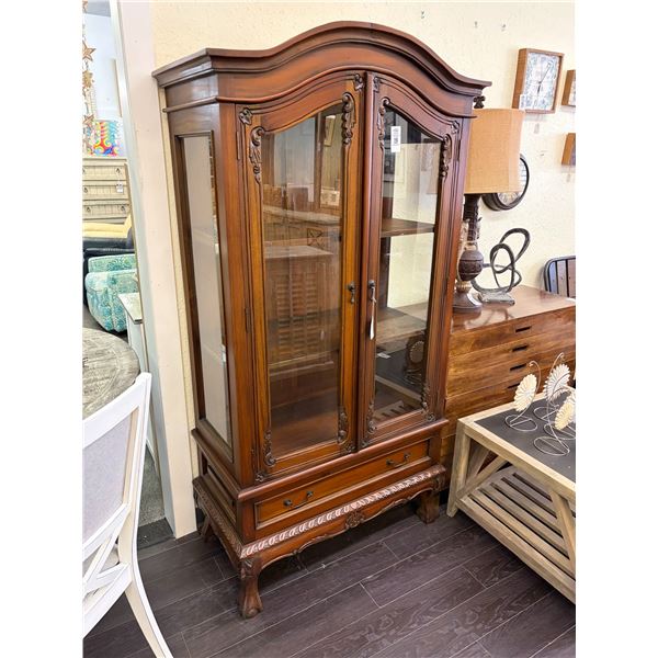 Carved Mahogany Ball In Claw Foot Curio w/Drawer