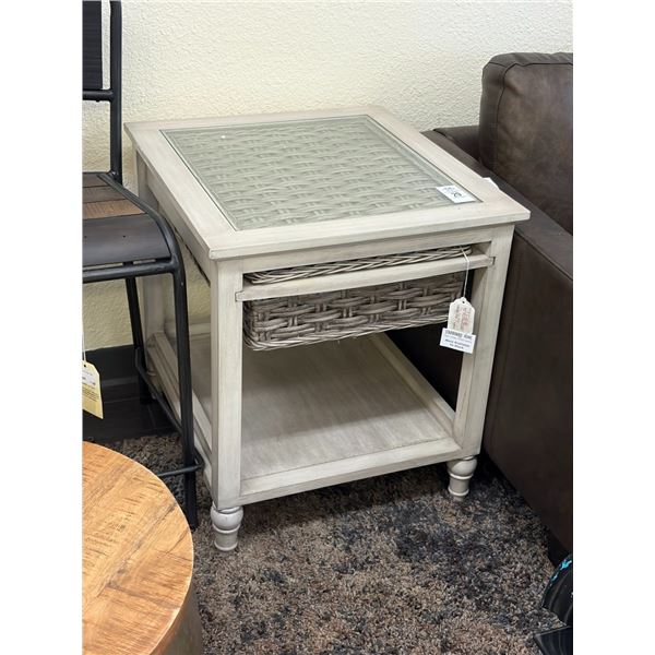 Beige Wood Glass Top w/Wicker Drawer Storage, Hall Table, End Tables - 5 Pc Set