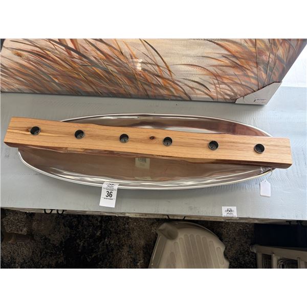 Wood Cut Candleabra, Elongated Metal Bowl