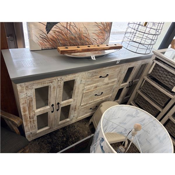 Distressed Glass Door Grey Top Console Cabinet - 6'