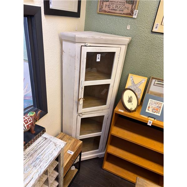 Distressed White Glass Door Corner Cabinet