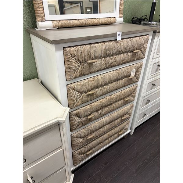 White/Brown Rope Front 5 Drawer High Boy Dresser w/Mirror