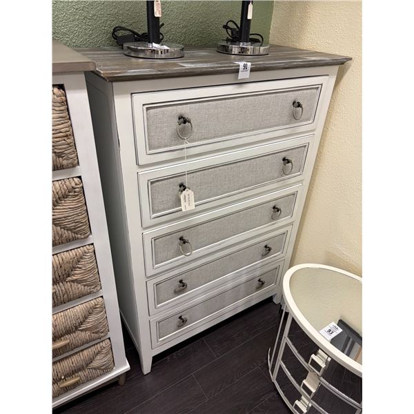 White w/Brown Top/Grey Front  5 Drawer High Boy Dresser