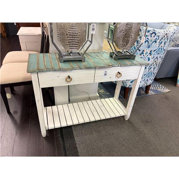 Distressed White w/Blue Plank Top 2 Drawer Hall Table
