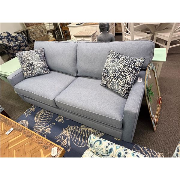 Light Blue Cloth Sofa w/Decorator Pillows